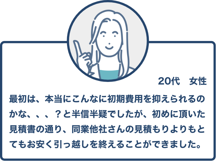 口コミその３▶︎最初は、本当にこんなに初期費用を抑えられるのかな、、、？と半信半疑でしたが、初めに頂いた見積書の通り、同業他社さんの見積もりよりもとてもお安く引っ越しを終えることができました。